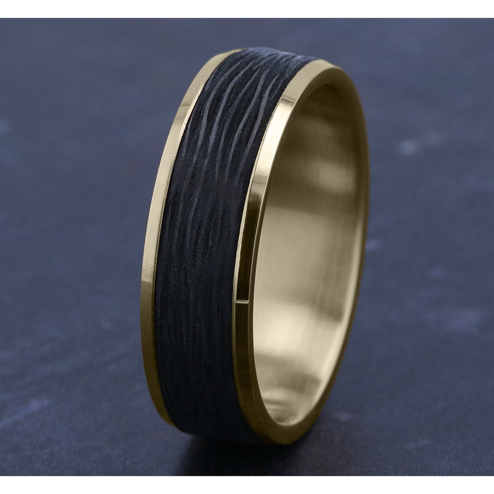 The Onyx Men's Wedding Band in 14K Yellow Gold and Forged Carbon Fiber - 7mm Width by Ammara Stone