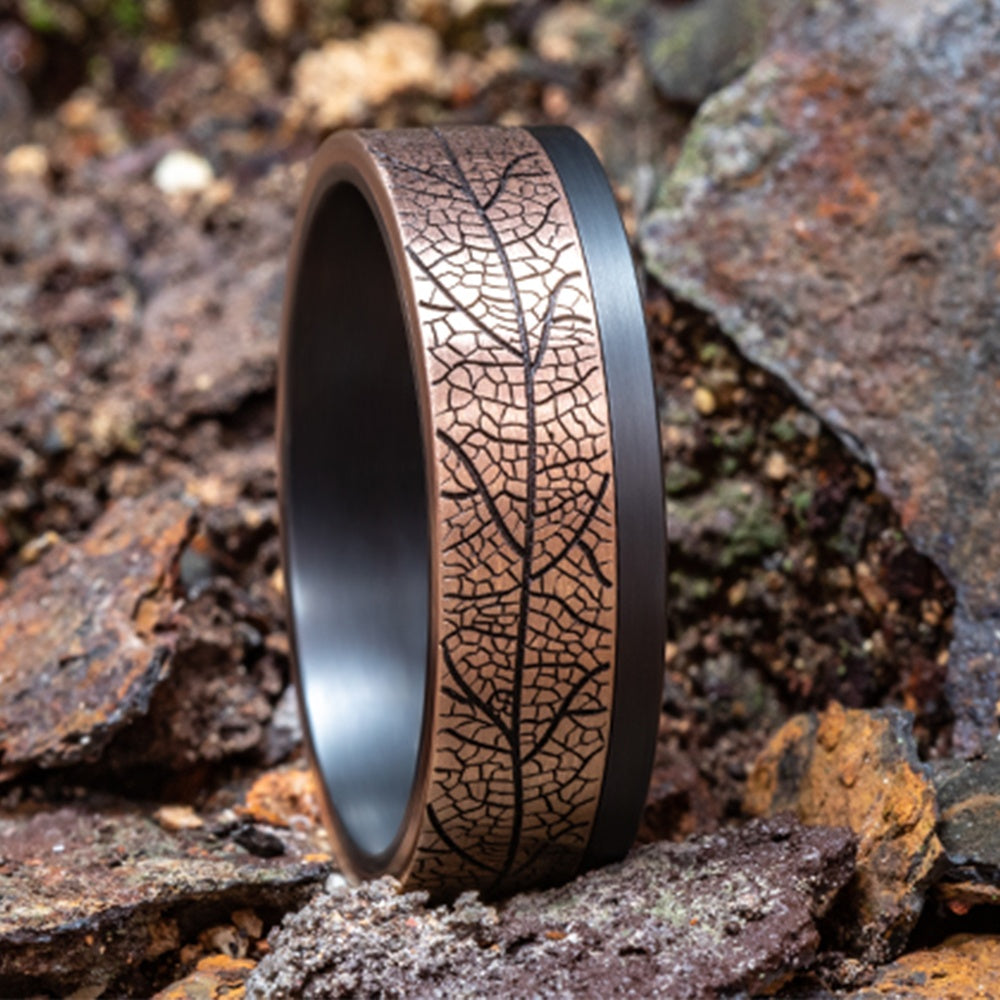 The Ozark Men's Wedding Band in 14K Rose Gold and Tantalum - 7mm Width by Ammara Stone