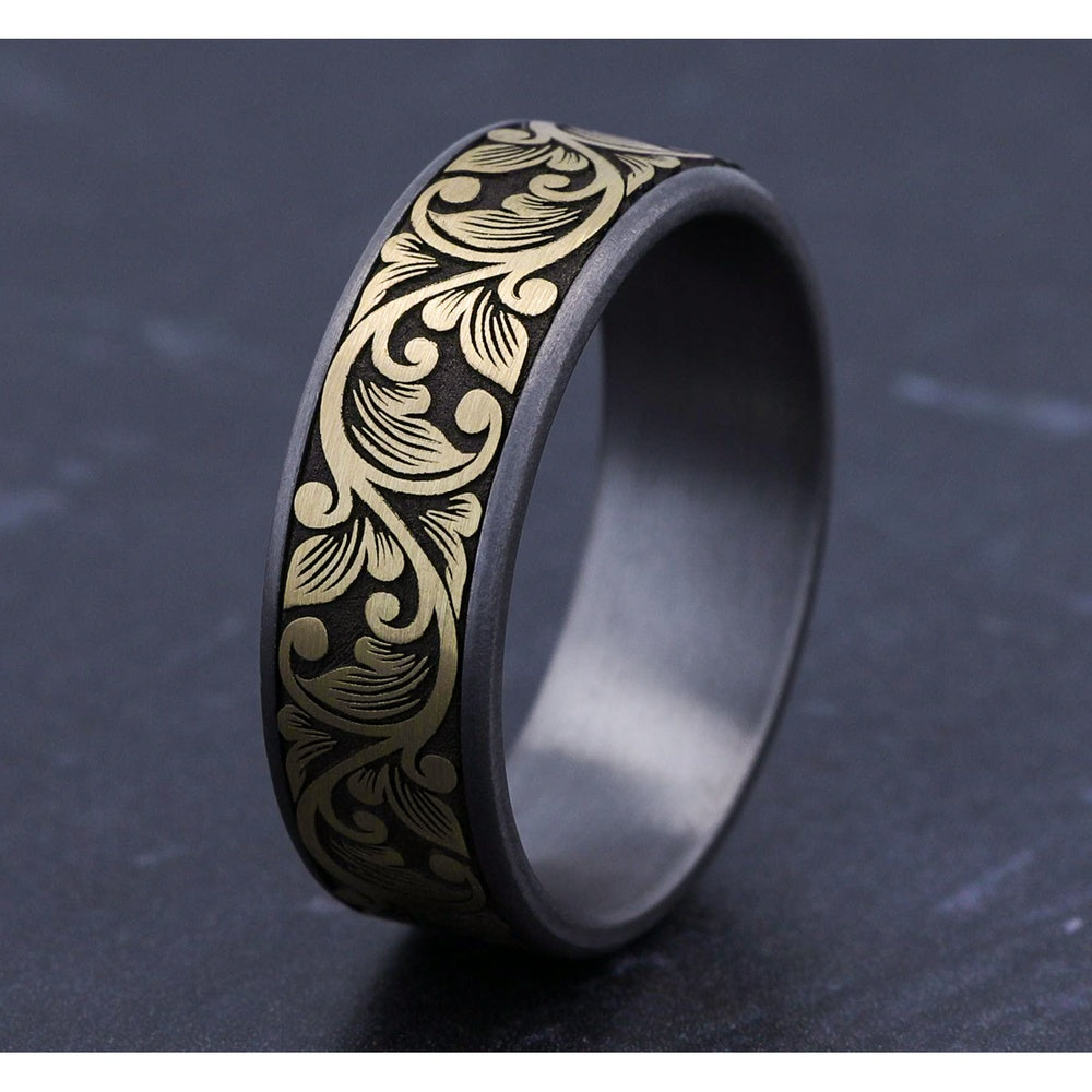 The Palazzo Men's Wedding Band in Grey Tantalum and 14K Yellow Gold - 7.5mm Width by Ammara Stone