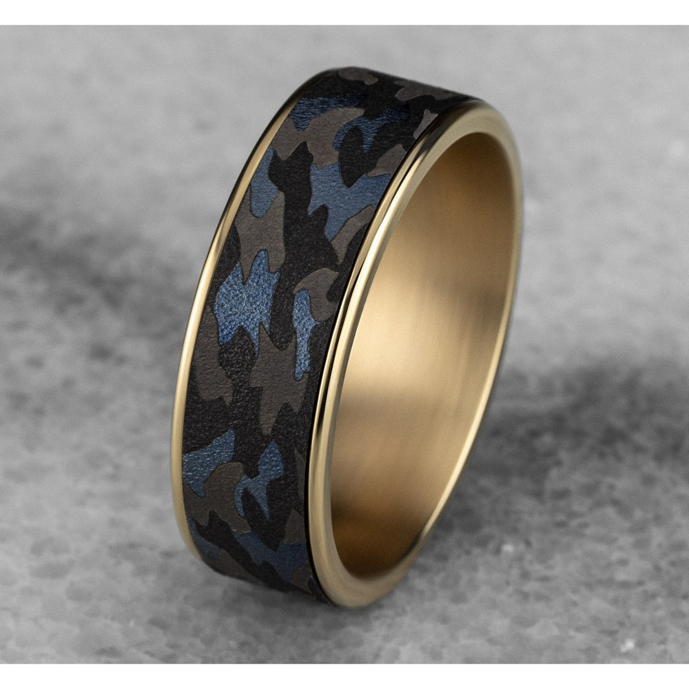 The Patriot Men's Wedding Band in 14K Yellow Gold and Grey Tantalum - 7.5mm Width by Ammara Stone