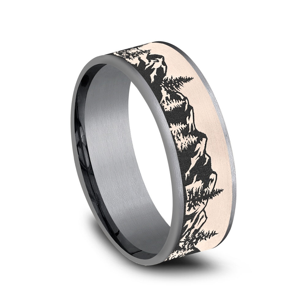 The Peak Men's Wedding Band in Grey Tantalum and 14K Rose Gold - 7.5mm Width by Brook and Branch
