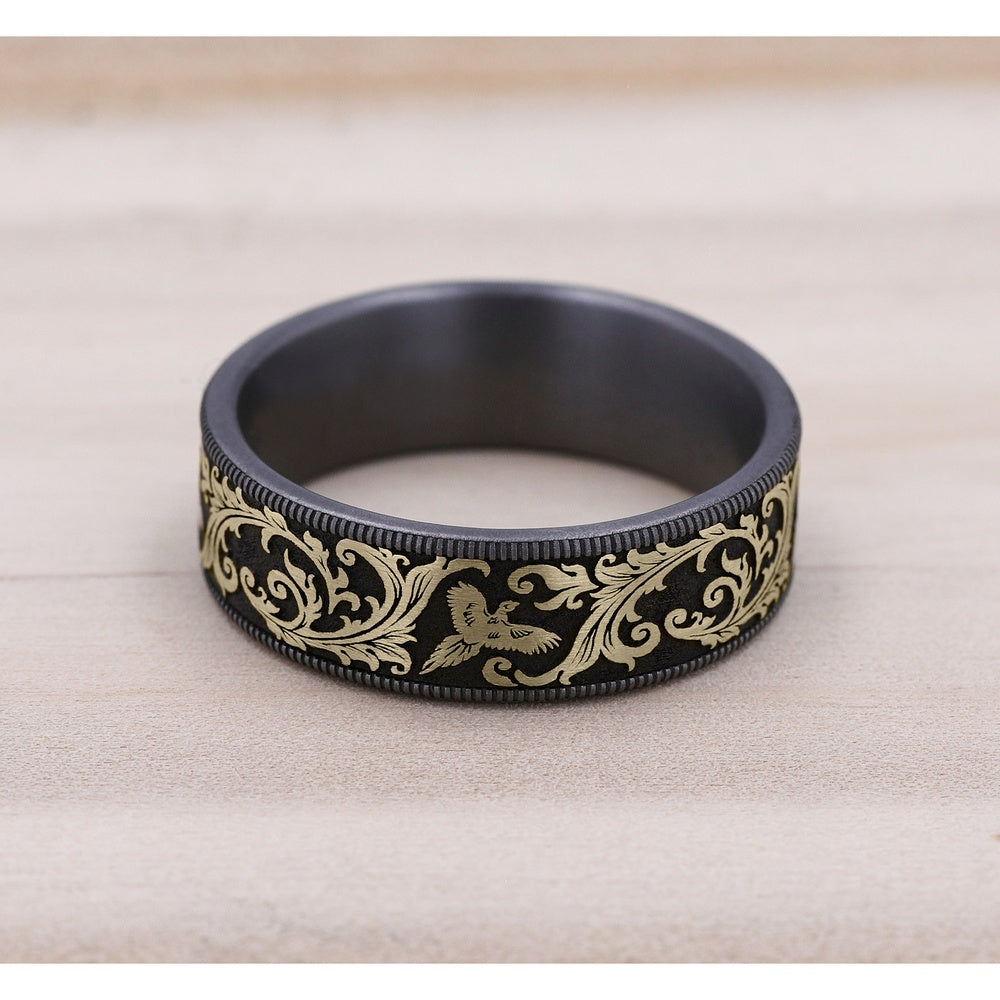 The Pheasant Men's Wedding Band in Grey Tantalum and 14K Yellow Gold - 7.5mm Width by Brook and Branch