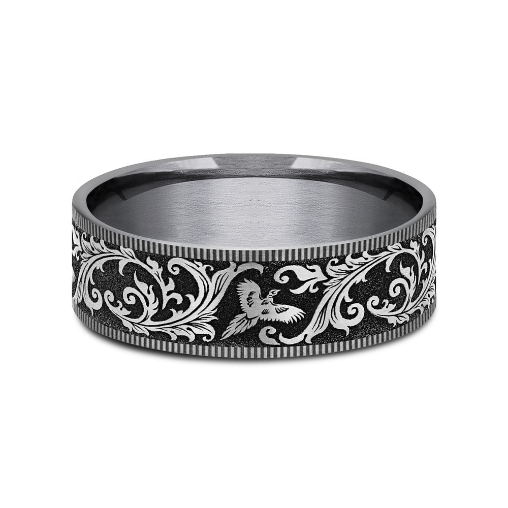 The Pheasant Men's Wedding Band in Grey Tantalum and Grey/Black Titanium - 7.5mm Width by Brook and Branch