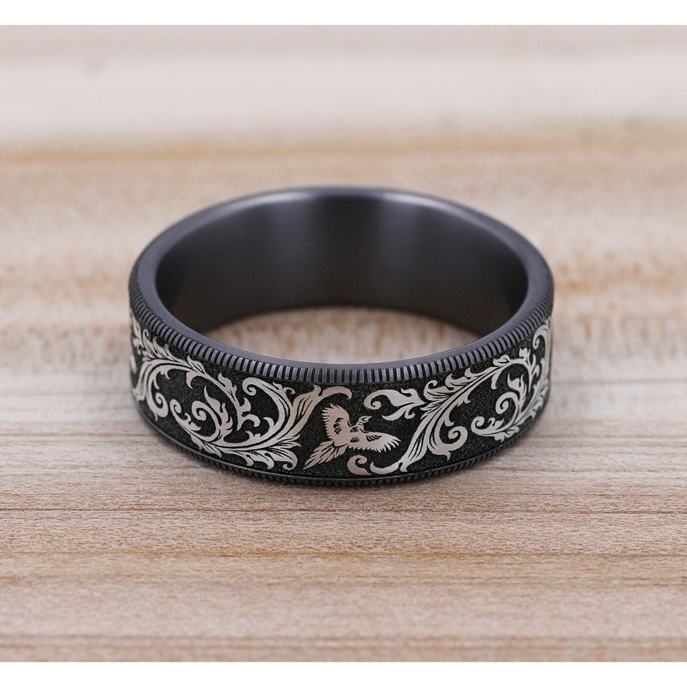 The Pheasant Men's Wedding Band in Grey Tantalum and Grey/Black Titanium - 7.5mm Width by Brook and Branch