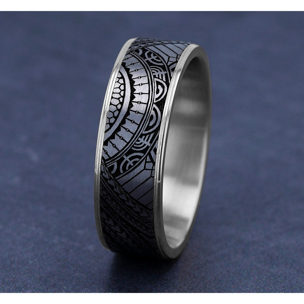 The Polynesian Men's Wedding Band in 14K White Gold and Grey-Black Titanium - 7.5mm Width by Ammara Stone
