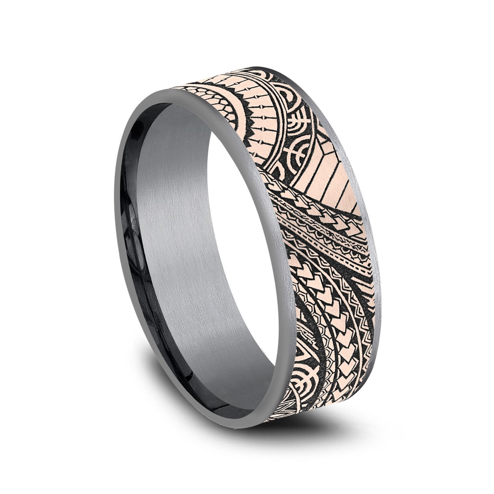 The Polynesian Men's Wedding Band in Grey Tantalum and 14K Rose Gold - 7.5mm Width by Ammara Stone