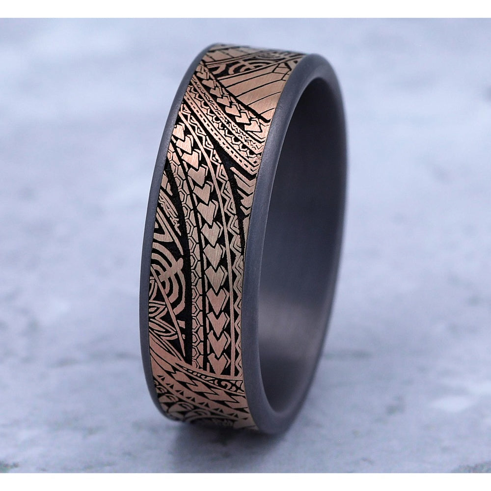 The Polynesian Men's Wedding Band in Grey Tantalum and 14K Rose Gold - 7.5mm Width by Ammara Stone