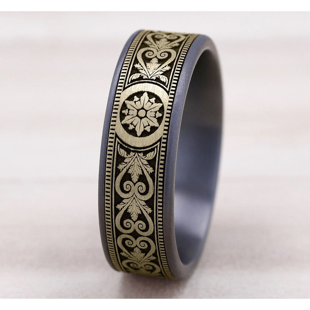 The Portal Men's Wedding Band in Grey Tantalum and 14K Yellow Gold - 7.5mm Width by Ammara Stone