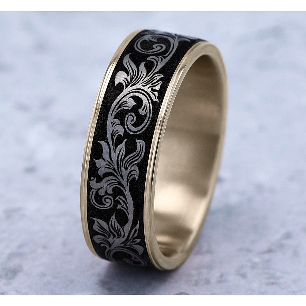 The Prince Men's Wedding Band in 14K Yellow Gold and Grey/Black Titanium - 7.5mm Width by Ammara Stone
