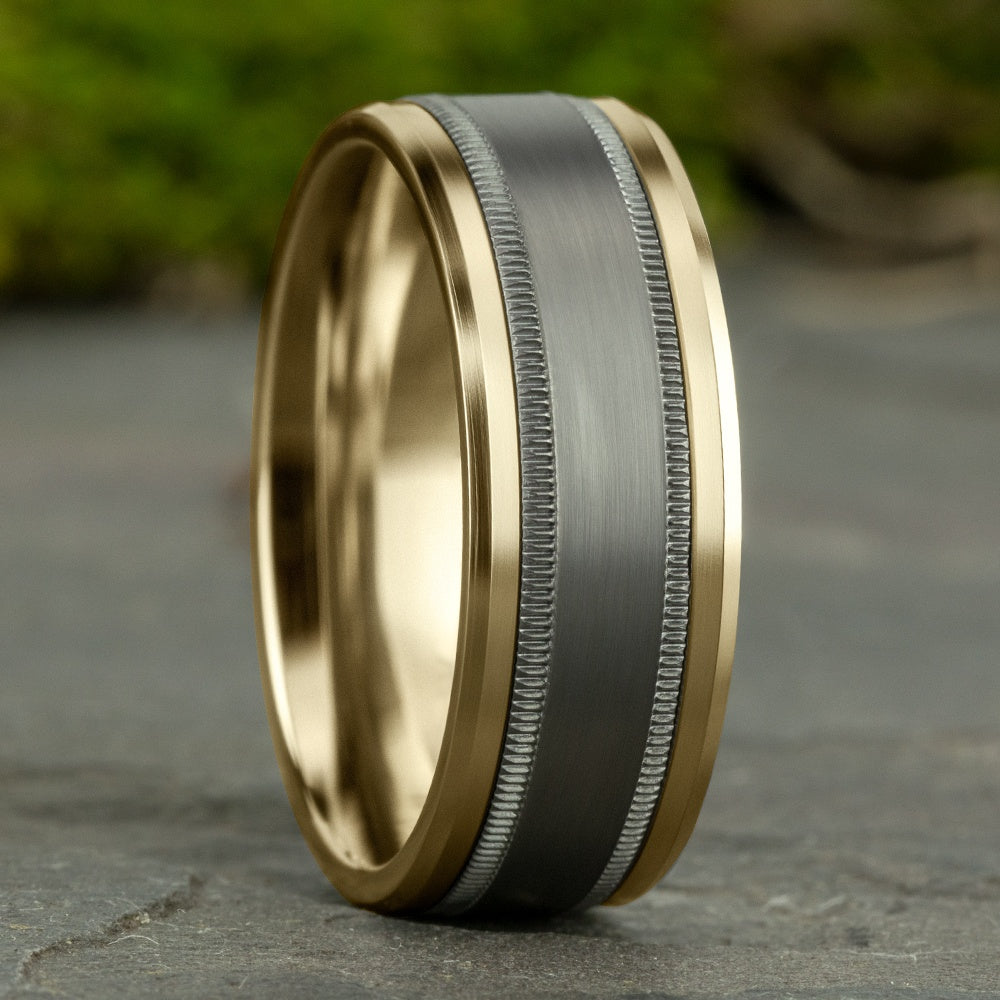 The Professor Men's Wedding Band in 14K Yellow Gold and Grey Tantalum - 8mm Width by Ammara Stone