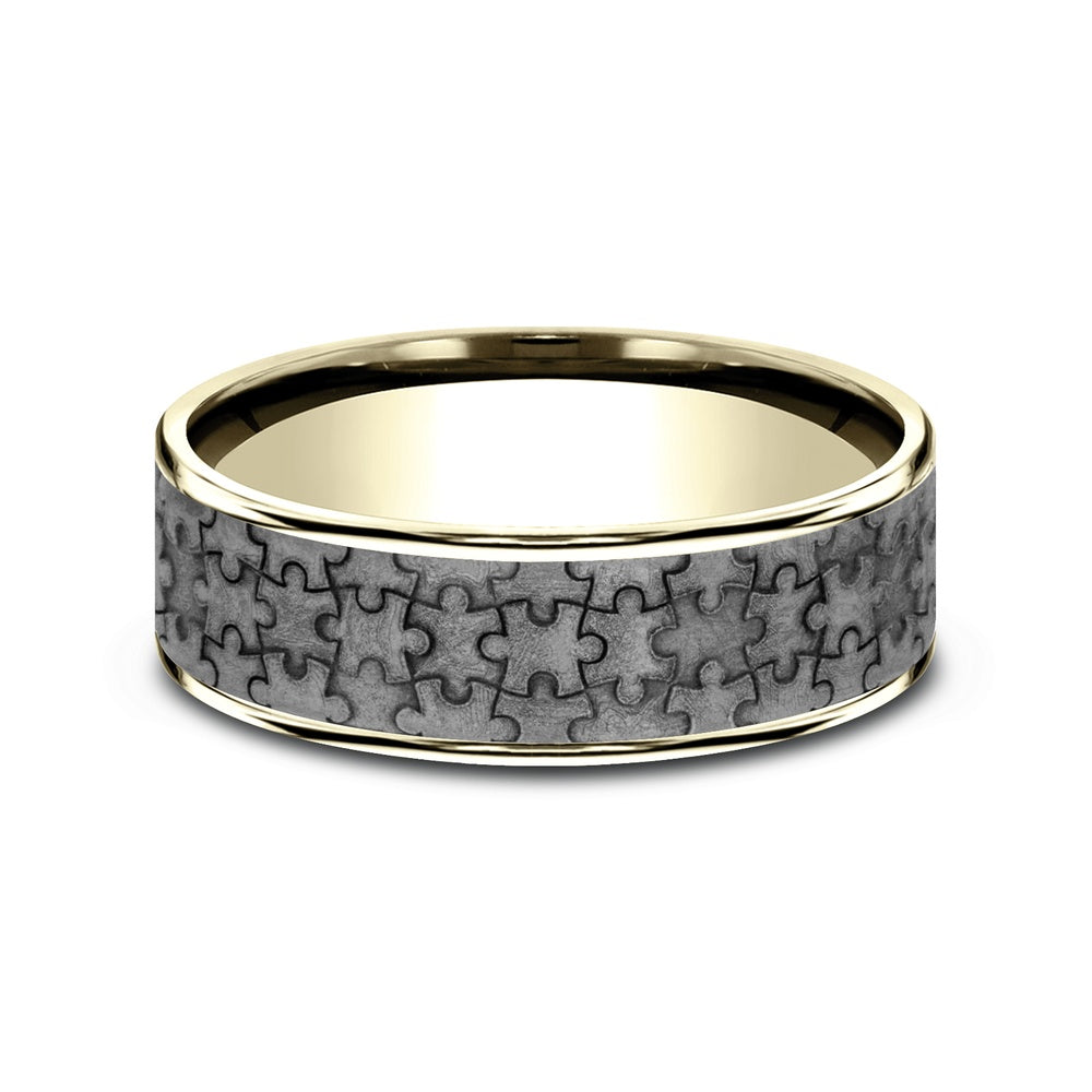 The Puzzle Men's Wedding Band in 14K Yellow Gold and Grey Tantalum - 7.5mm Width by Ammara Stone
