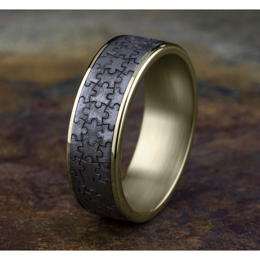 The Puzzle Men's Wedding Band in 14K Yellow Gold and Grey Tantalum - 7.5mm Width by Ammara Stone