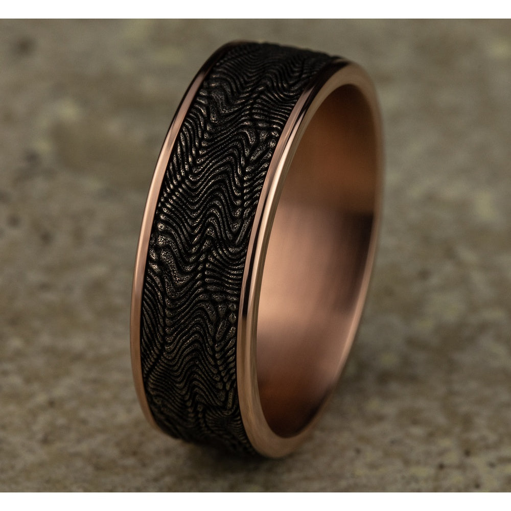 The Python Men's Wedding Band in 14K Rose Gold and Grey Tantalum - 7.5mm Width by Ammara Stone