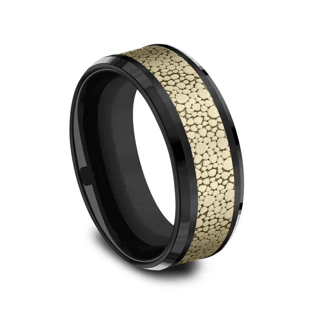 The Quarry Men's Wedding Band in Black Titanium and 14K Yellow Gold - 8mm Width by Ammara Stone
