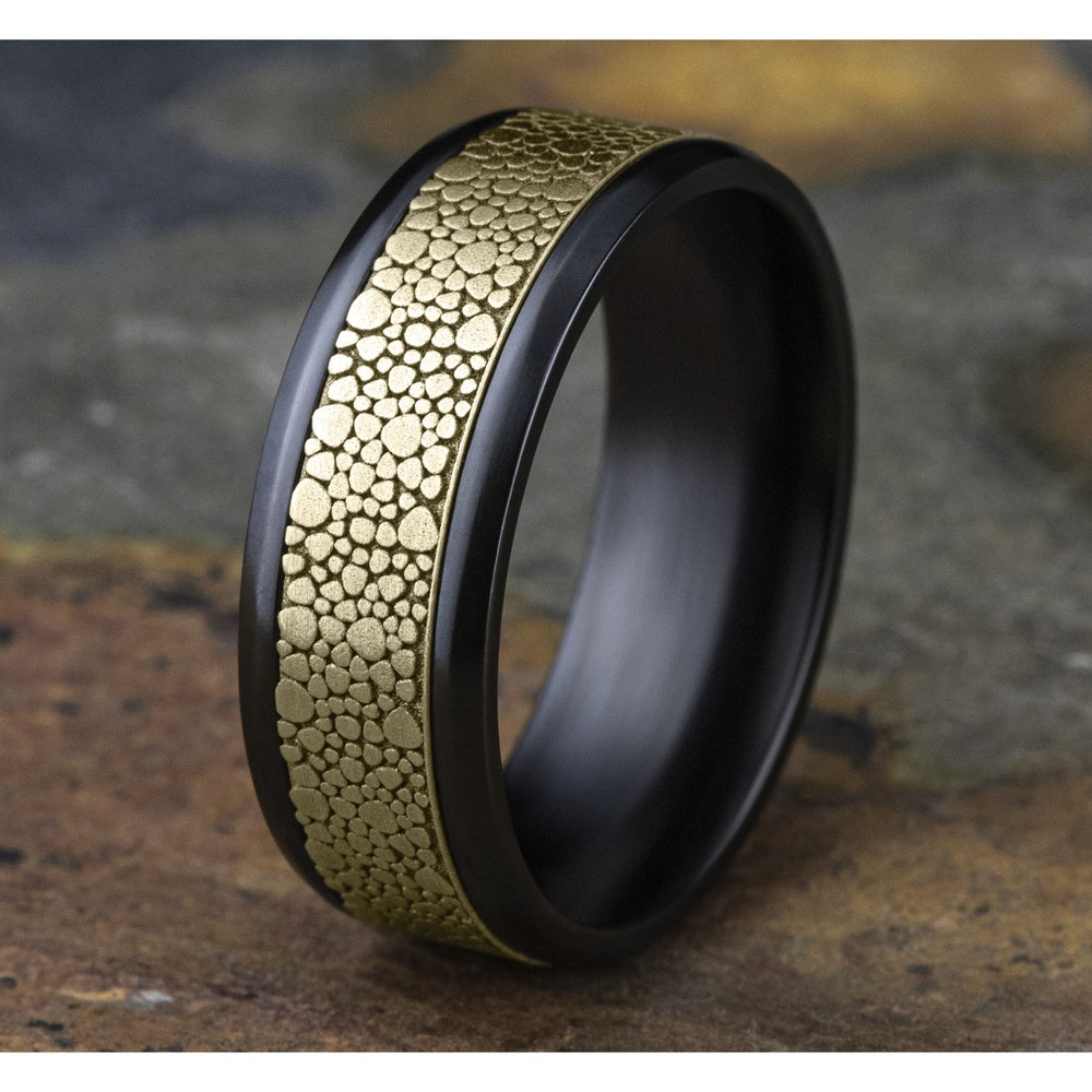 The Quarry Men's Wedding Band in Black Titanium and 14K Yellow Gold - 8mm Width by Ammara Stone