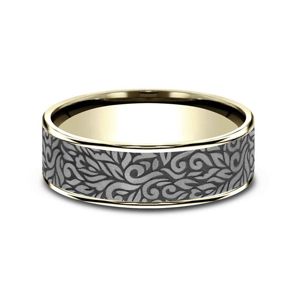 The Ranch Men's Wedding Band in 14K Yellow Gold and Grey Tantalum - 7.5mm Width by Ammara Stone