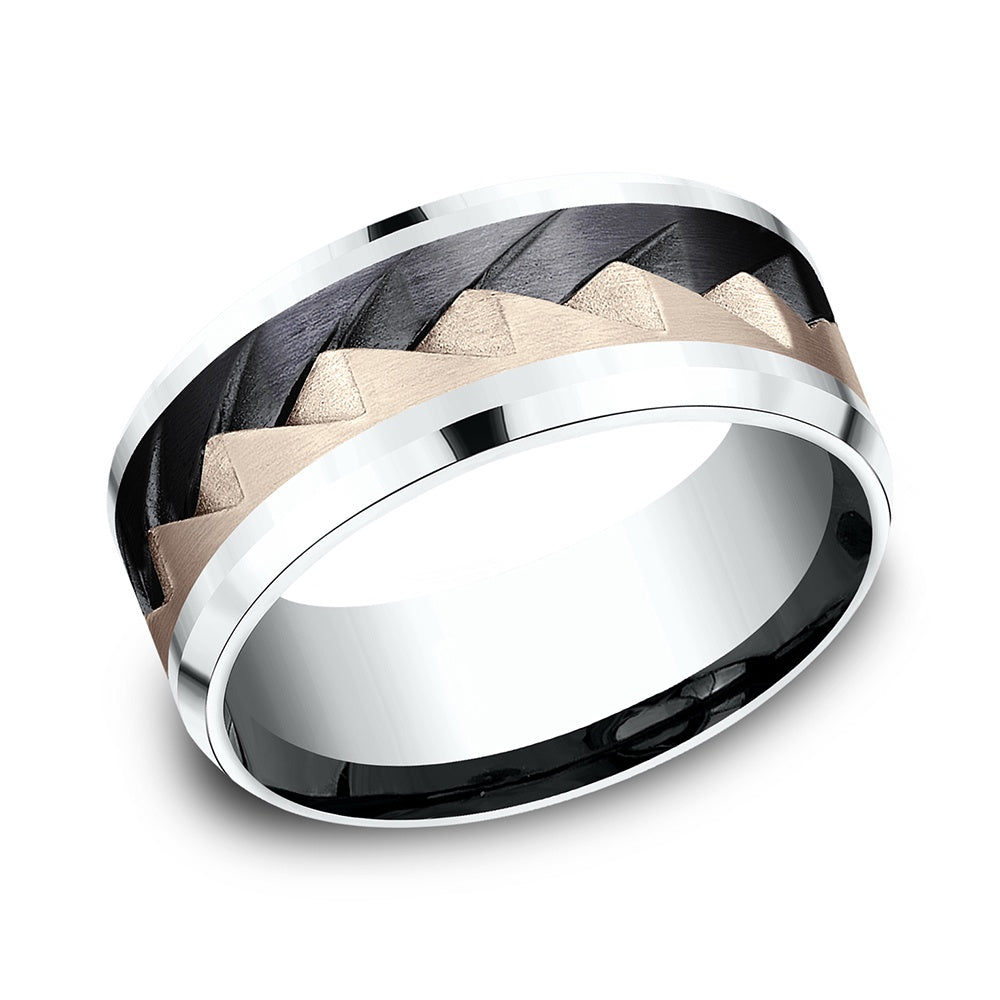The Range Men's Wedding Band in 14K White and Rose Gold and Black Titanium - 9mm Width by Ammara Stone