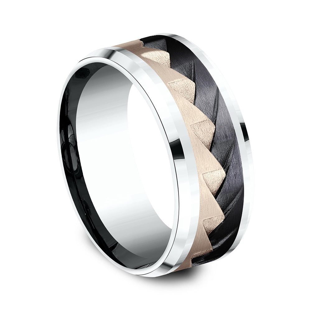 The Range Men's Wedding Band in 14K White and Rose Gold and Black Titanium - 9mm Width by Ammara Stone