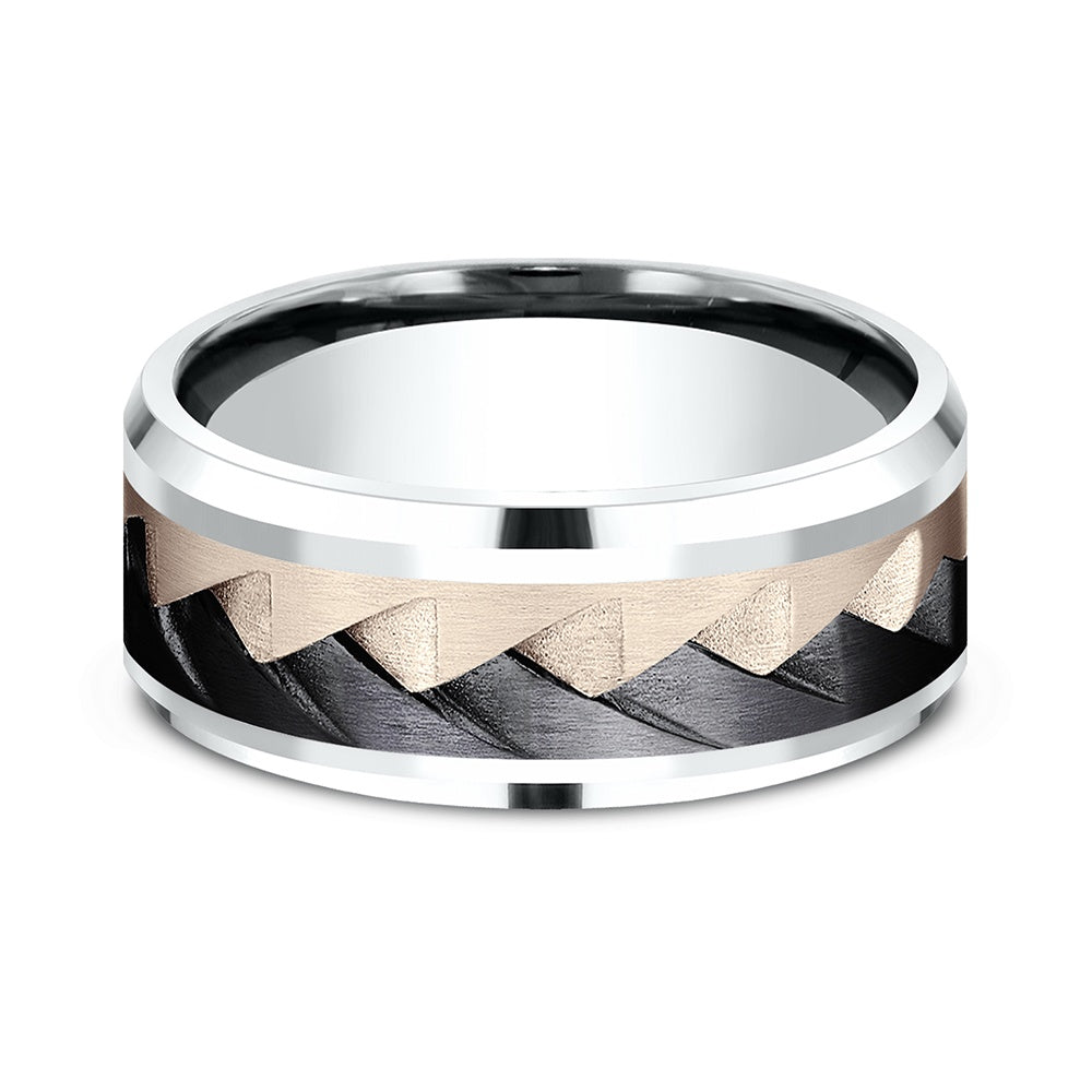 The Range Men's Wedding Band in 14K White and Rose Gold and Black Titanium - 9mm Width by Ammara Stone