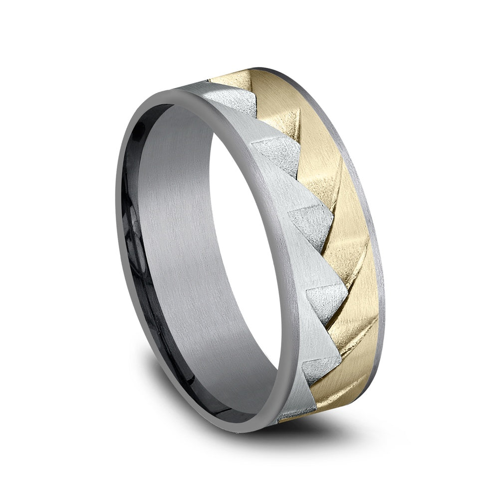 The Range Men's Wedding Band in Grey Tantalum, 14K White and Yellow Gold - 7.5mm Width by Ammara Stone