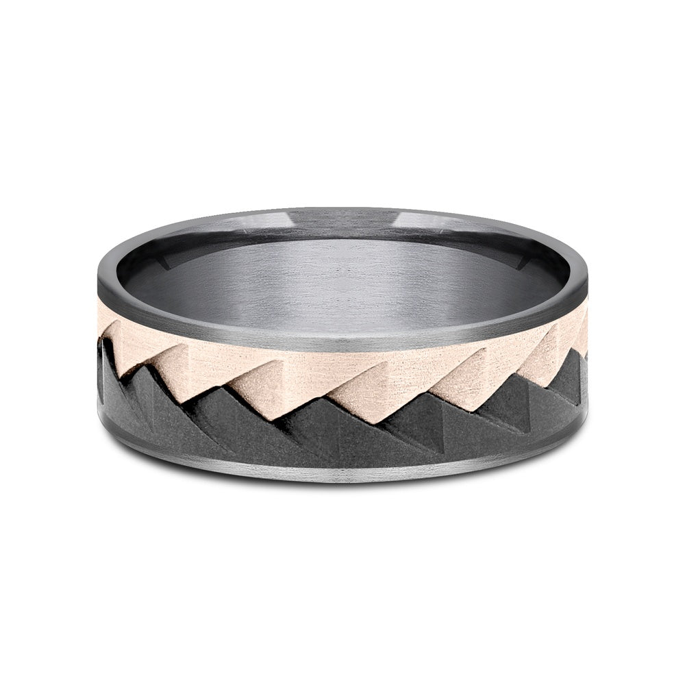 The Range Men's Wedding Band in Grey Tantalum, Black Titanium, and 14K Rose Gold - 7.5mm Width by Ammara Stone