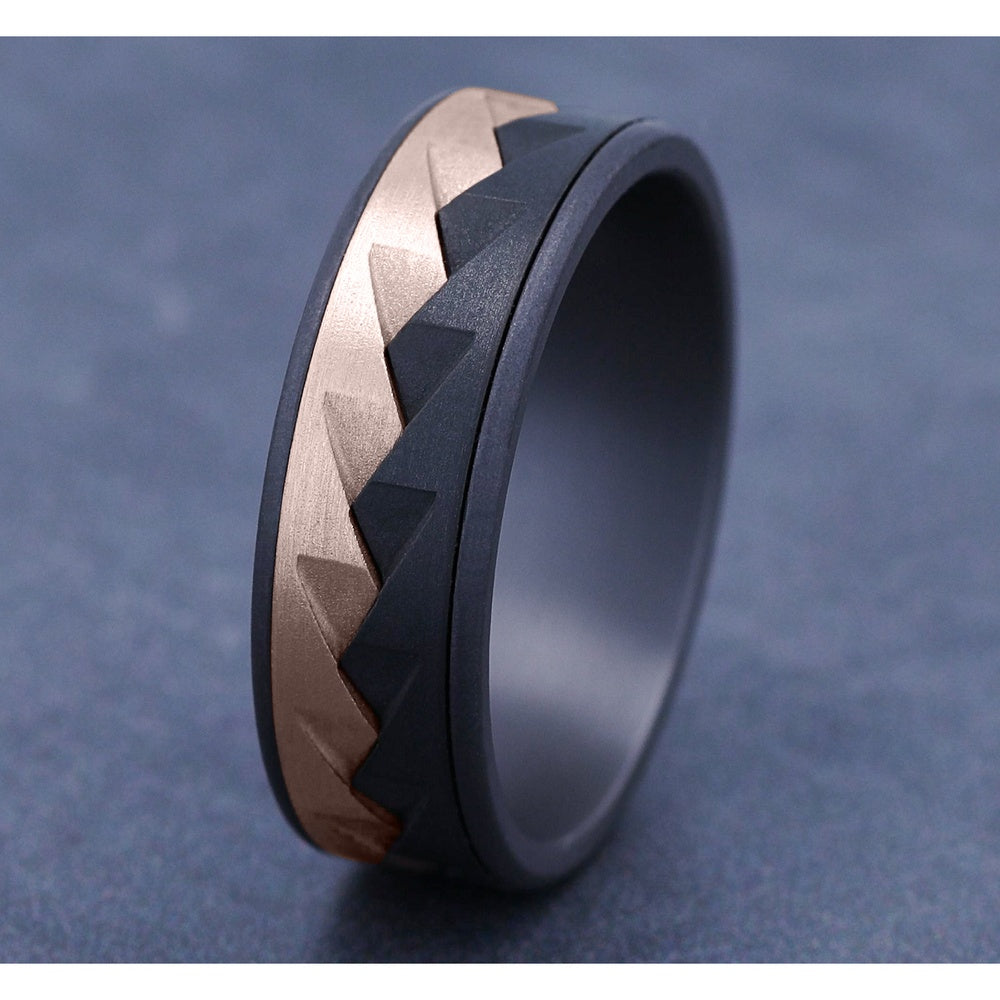 The Range Men's Wedding Band in Grey Tantalum, Black Titanium, and 14K Rose Gold - 7.5mm Width by Ammara Stone