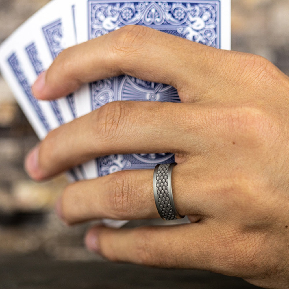 The Rhaegal Men's Wedding Band in Grey Tantalum and 14K White  Gold - 8mm Width by Ammara Stone