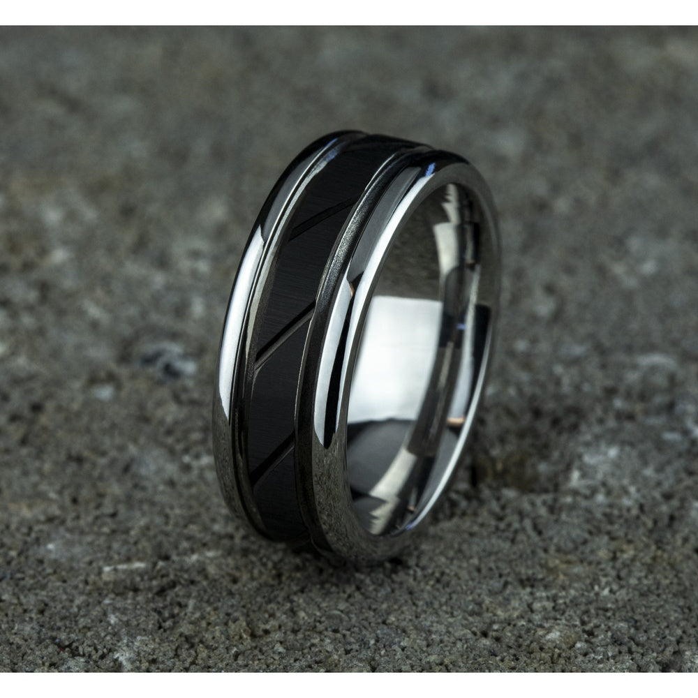 The Ridge Men's Wedding Band in Black and White Cobalt - 8mm Width by Forge
