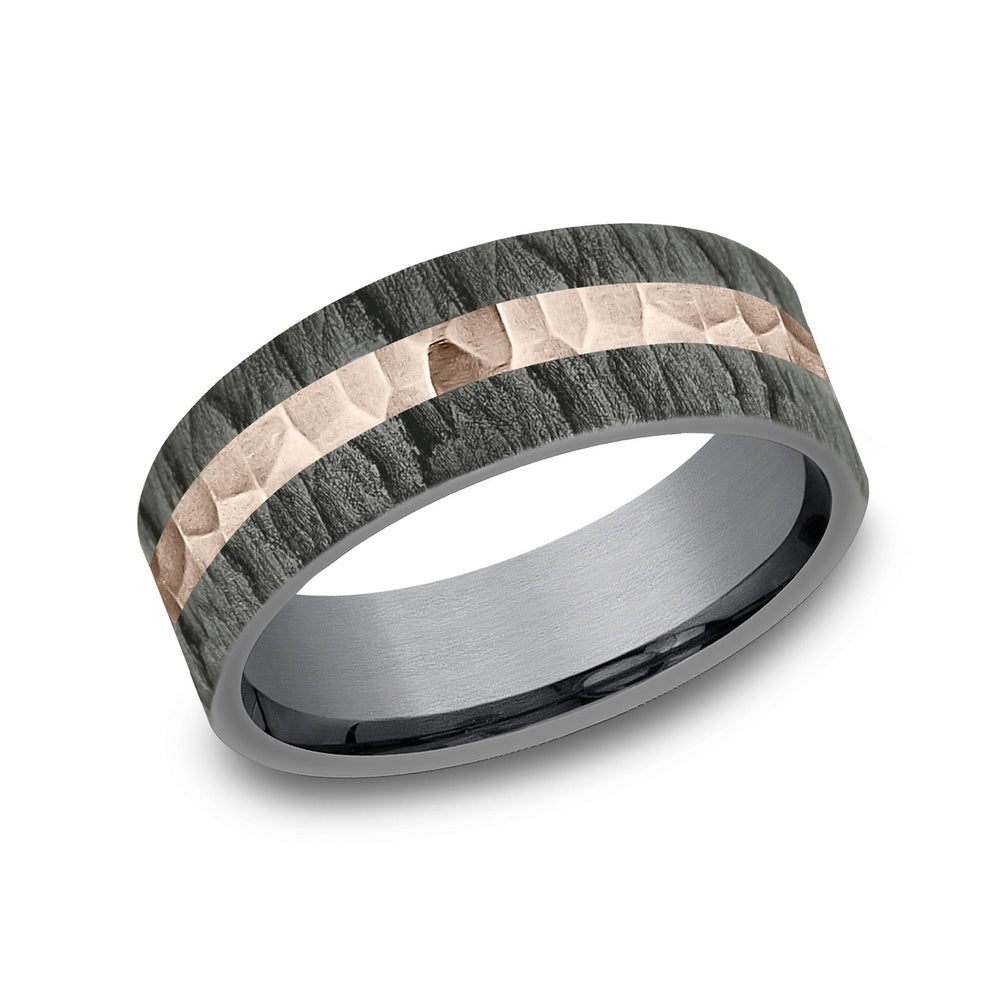 The Rift Men's Wedding Band in Grey Tantalum and 14k Rose Gold - 7mm Width by Ammara Stone