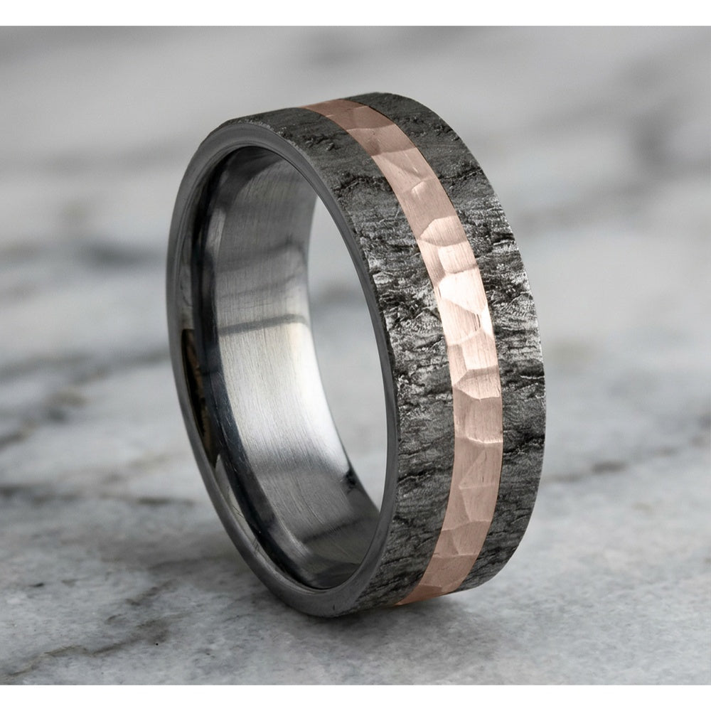 The Rift Men's Wedding Band in Grey Tantalum and 14k Rose Gold - 7mm Width by Ammara Stone