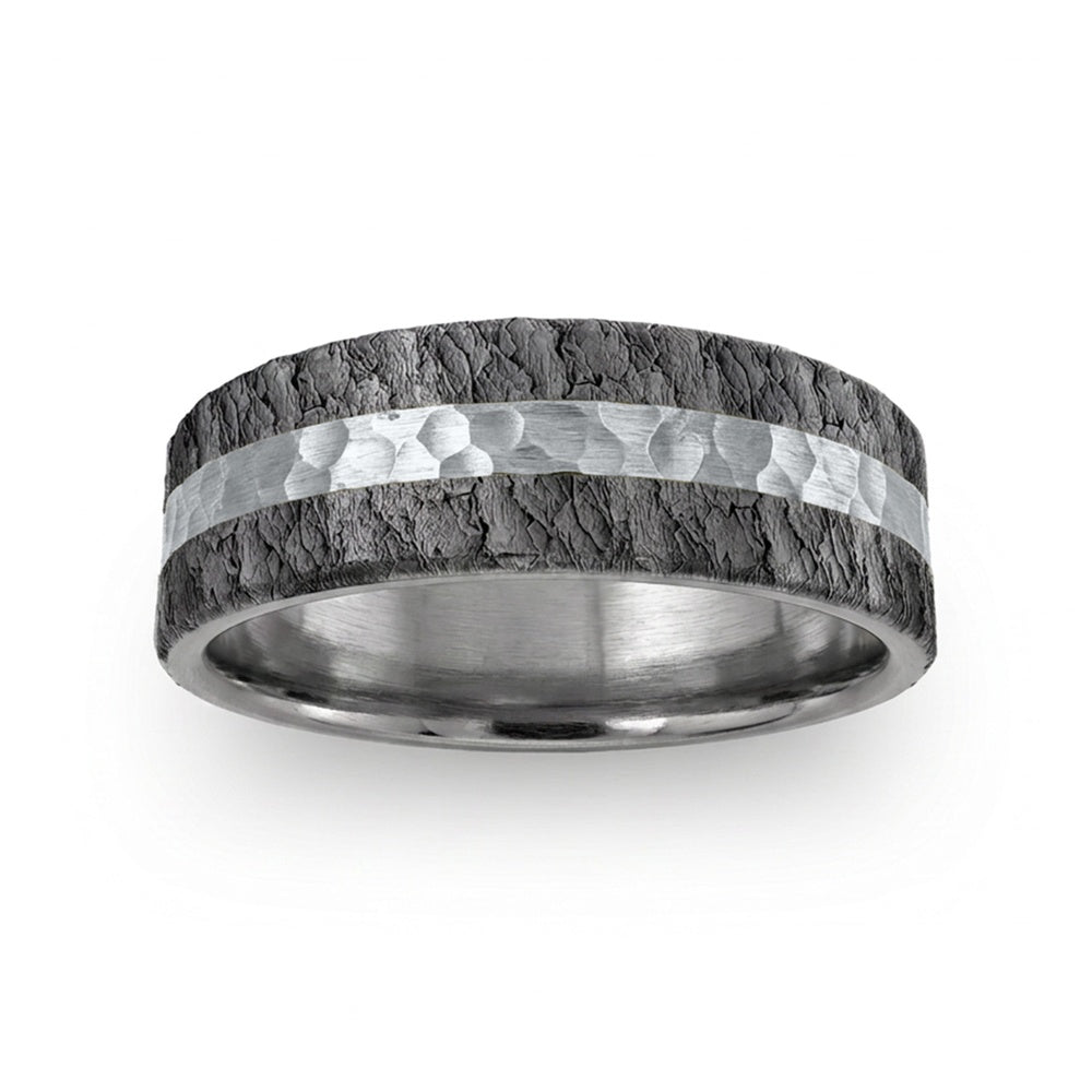 The Rift Men's Wedding Band in Grey Tantalum and 14k White Gold - 7mm Width by Ammara Stone