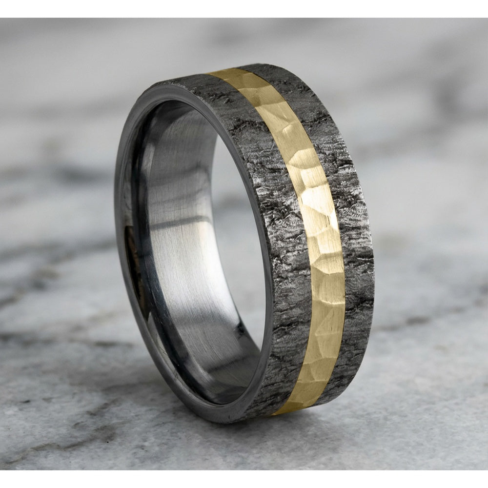 The Rift Men's Wedding Band in Grey Tantalum and 14k Yellow Gold - 7mm Width by Ammara Stone