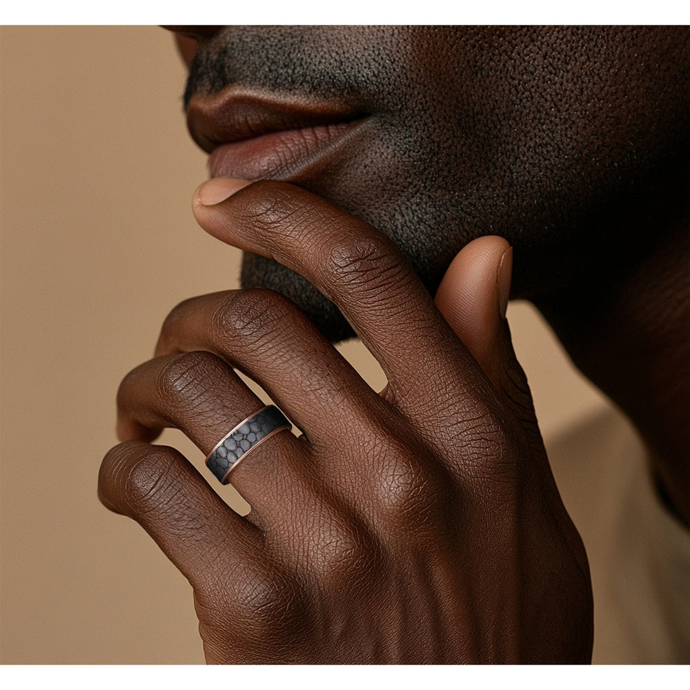 The River Rock Men's Wedding Band in 14K Rose Gold and Grey Tantalum - 7.5mm Width by Brook and Branch