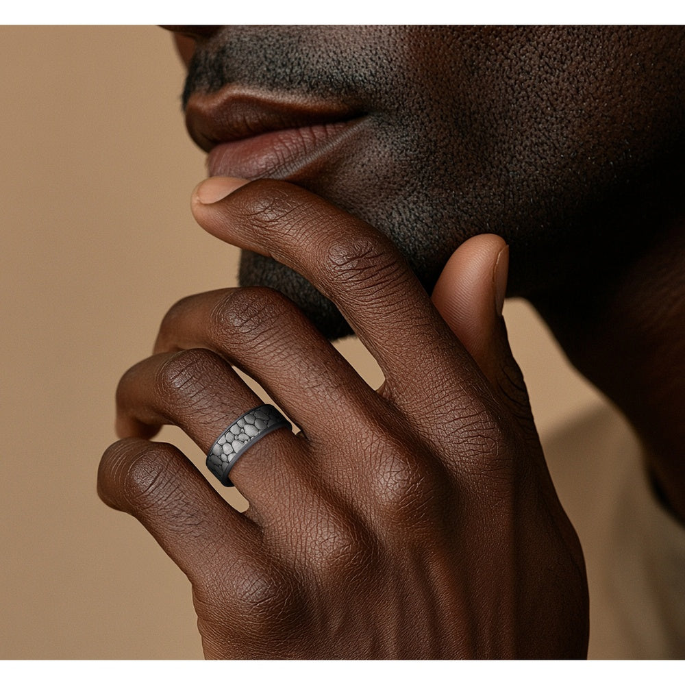 The River Rock Men's Wedding Band in Grey Tantalum and 14K White Gold - 7.5mm Width by Brook and Branch