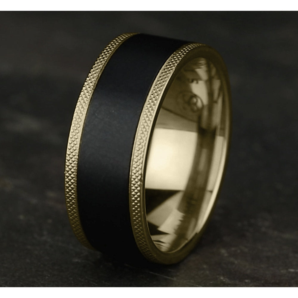 The Rogue Men's Wedding Band in 14K Yellow Gold and Black Titanium - 9mm Width by Ammara Stone