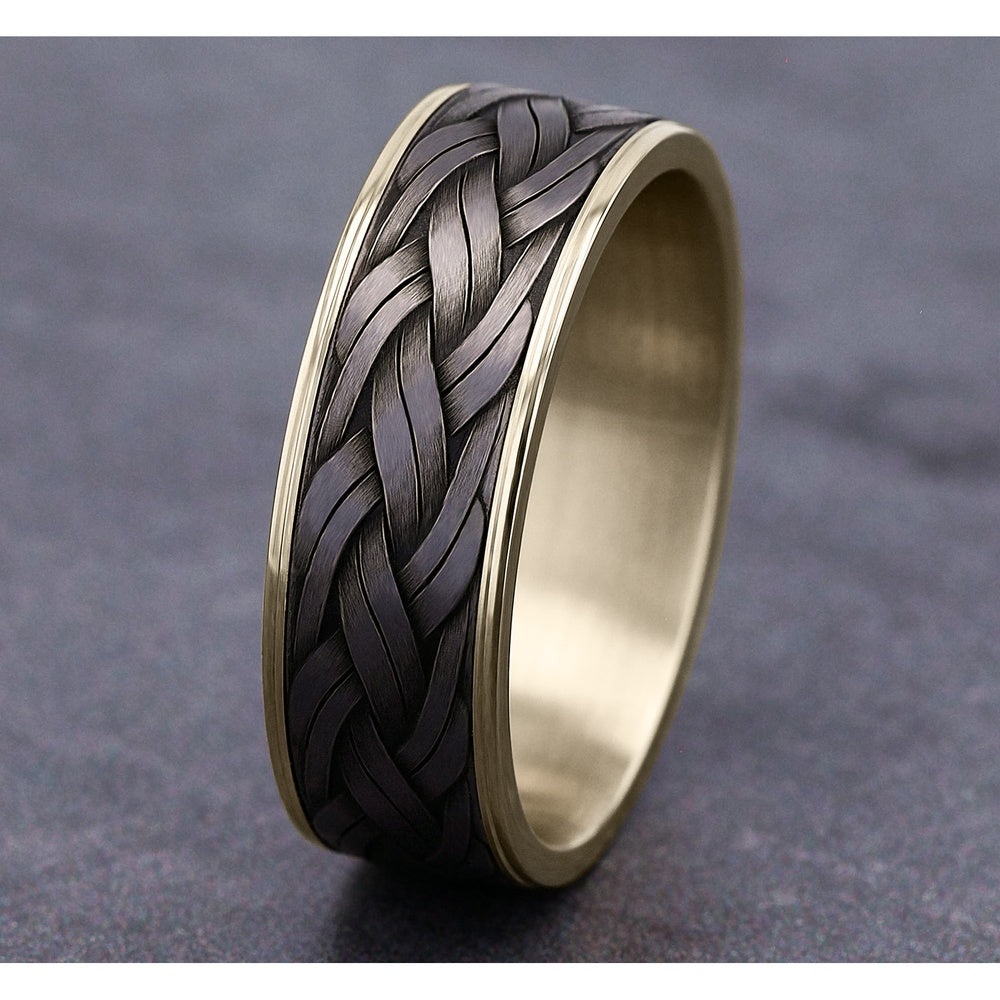 The Rope Men's Wedding Band in 14K Yellow Gold and Grey Tantalum - 7.5mm Width by Ammara Stone