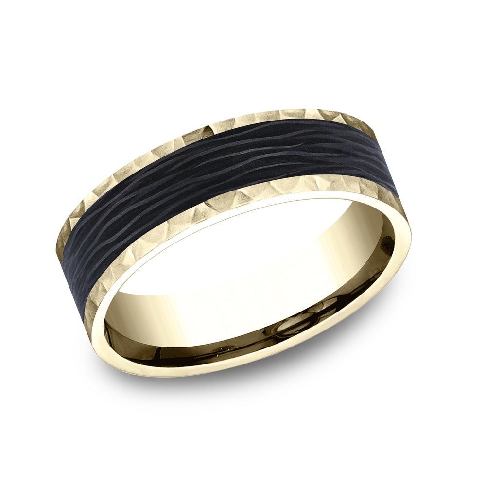The Sable Men's Wedding Band in 14K Yellow Gold and Forged Carbon Fiber - 7mm Width by Ammara Stone