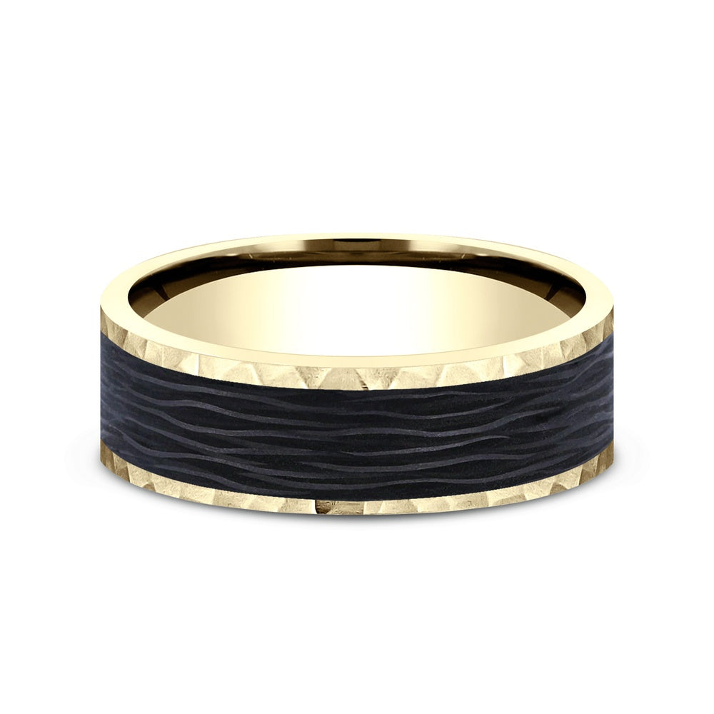 The Sable Men's Wedding Band in 14K Yellow Gold and Forged Carbon Fiber - 7mm Width by Ammara Stone