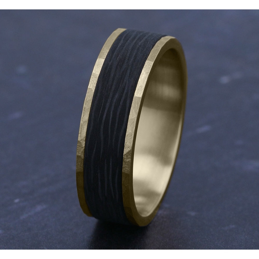 The Sable Men's Wedding Band in 14K Yellow Gold and Forged Carbon Fiber - 7mm Width by Ammara Stone