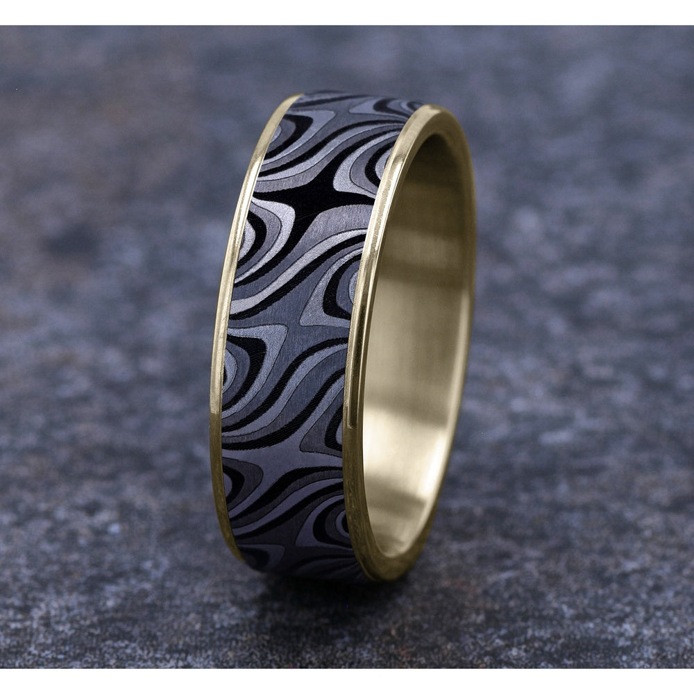 The Saturn Men's Wedding Band in 14K Yellow Gold and Grey Tantalum - 7.5mm Width by Ammara Stone