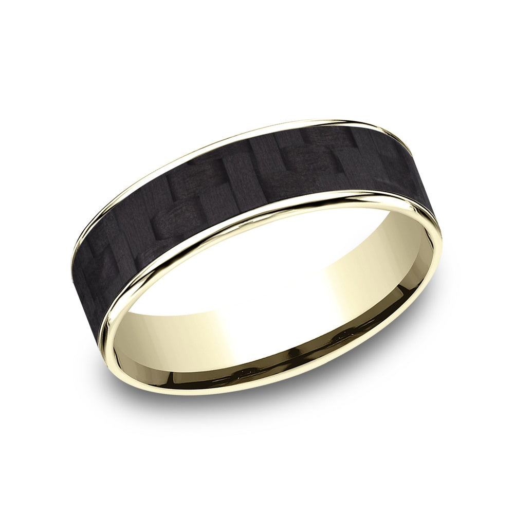 The Schumacher Men's Wedding Band in 14K Yellow Gold and Black Carbon Fiber - 6.5mm Width by Ammara Stone