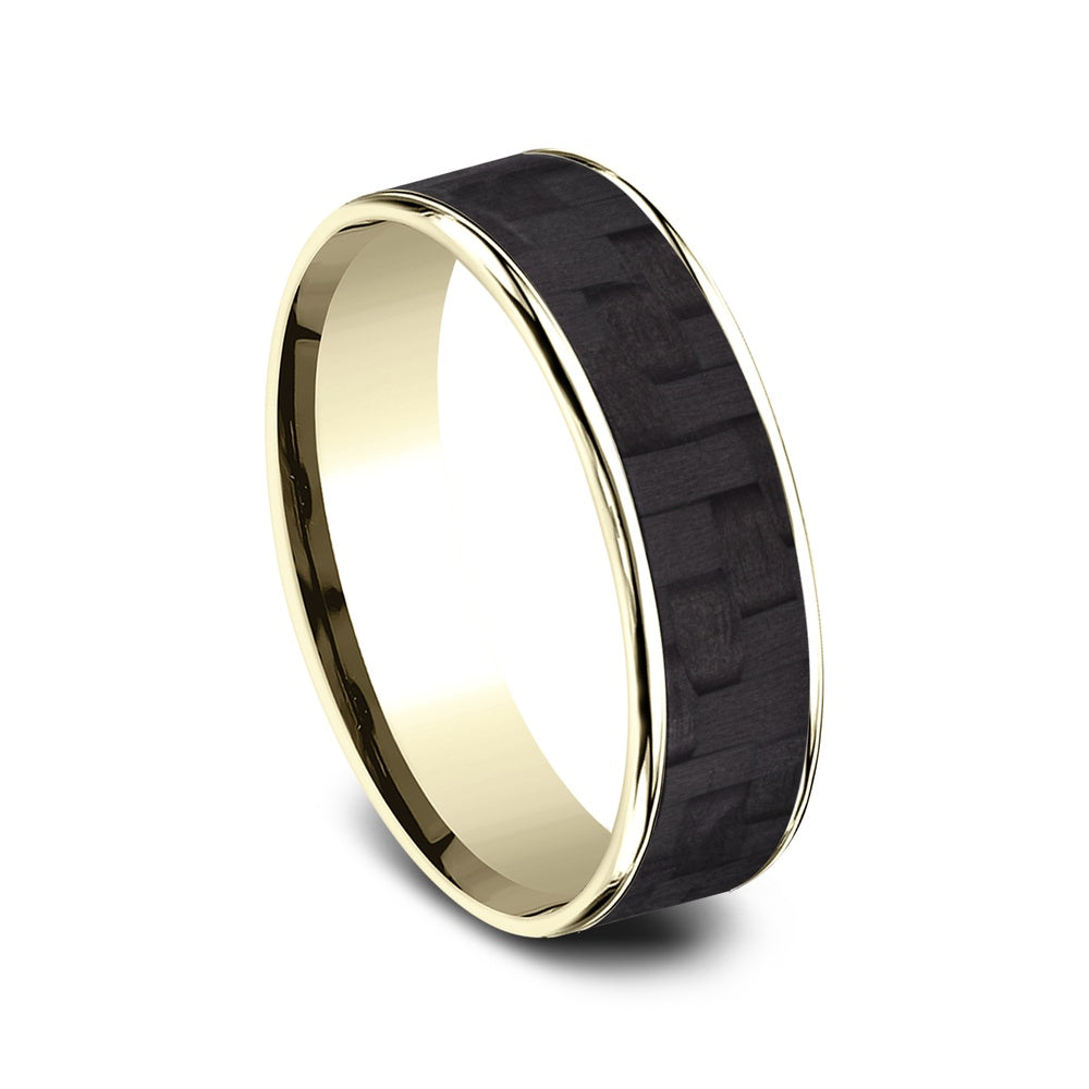 The Schumacher Men's Wedding Band in 14K Yellow Gold and Black Carbon Fiber - 6.5mm Width by Ammara Stone