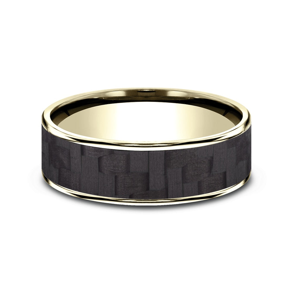 The Schumacher Men's Wedding Band in 14K Yellow Gold and Black Carbon Fiber - 6.5mm Width by Ammara Stone