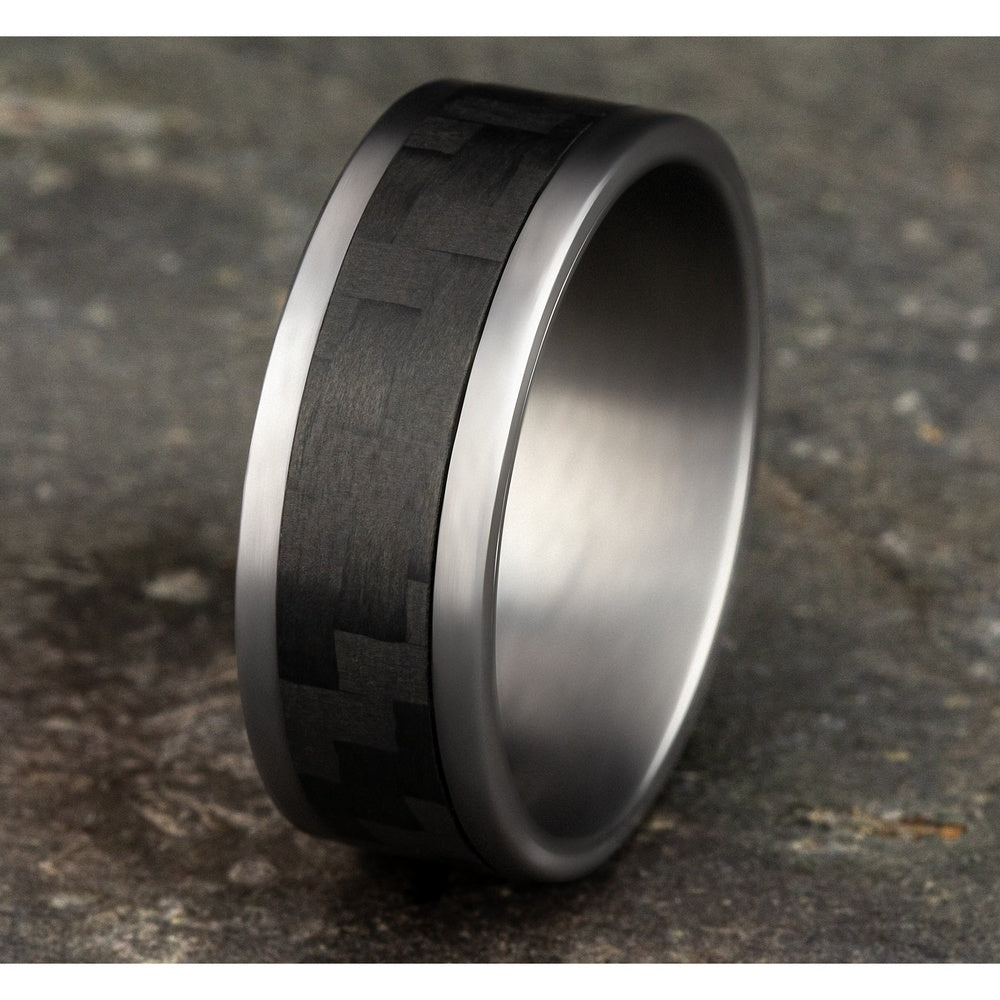 The Senna Men's Wedding Band in Grey Tantalum and Black Carbon Fiber - 8mm Width by Tantalum