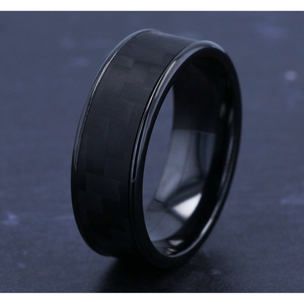 The Shadow Men's Wedding Band in Black Titanium and Black Carbon Fiber - 7.5mm Width by Forge