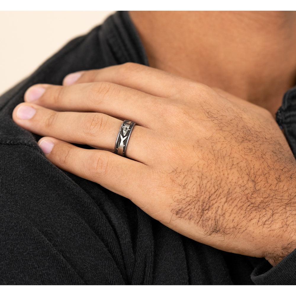 The Skiff Men's Wedding Band in Grey Tantalum and Grey/Black Titanium - 7.5mm Width by Brook and Branch
