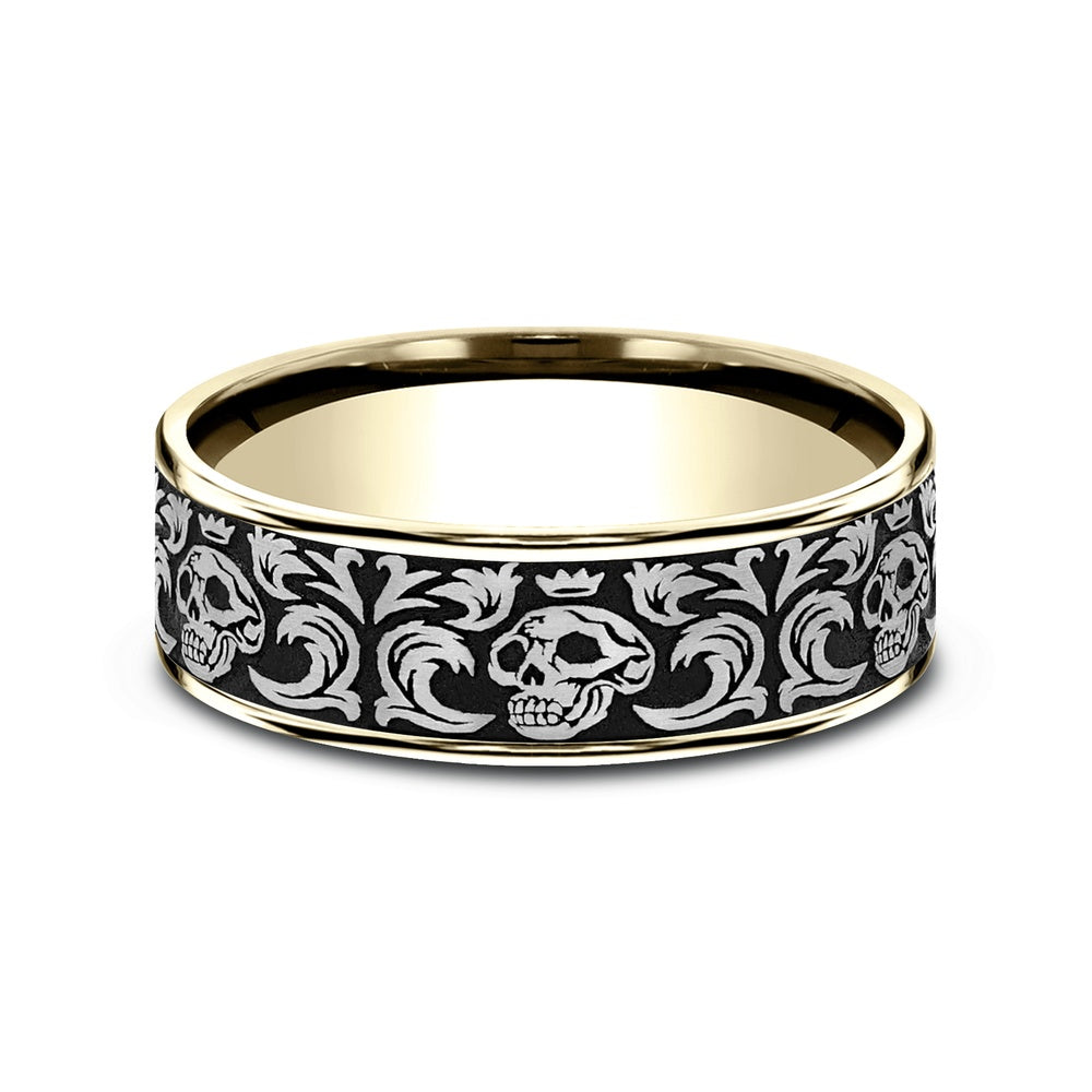 The Skull King Men's Wedding Band in 14K Yellow Gold and Grey/Black Titanium - 7.5mm Width by Ammara Stone