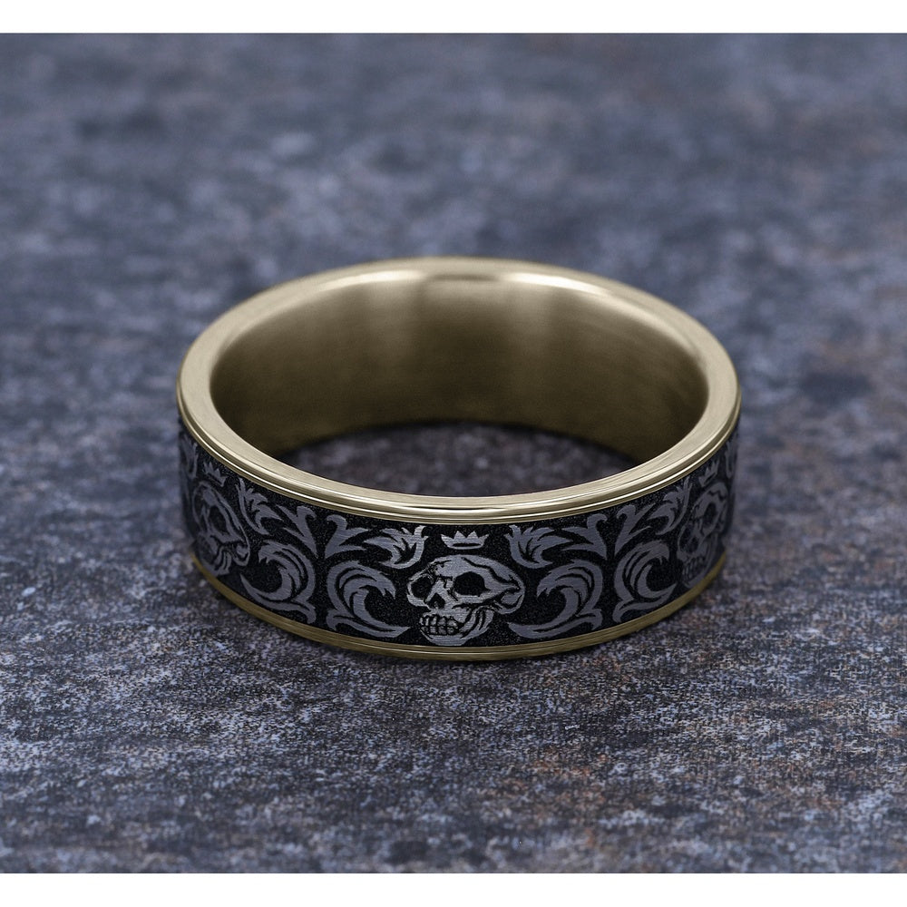 The Skull King Men's Wedding Band in 14K Yellow Gold and Grey/Black Titanium - 7.5mm Width by Ammara Stone