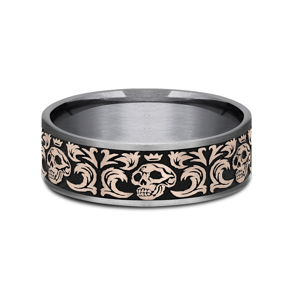 The Skull King Men's Wedding Band in Grey Tantalum and 14K Rose Gold - 7.5mm Width by Ammara Stone