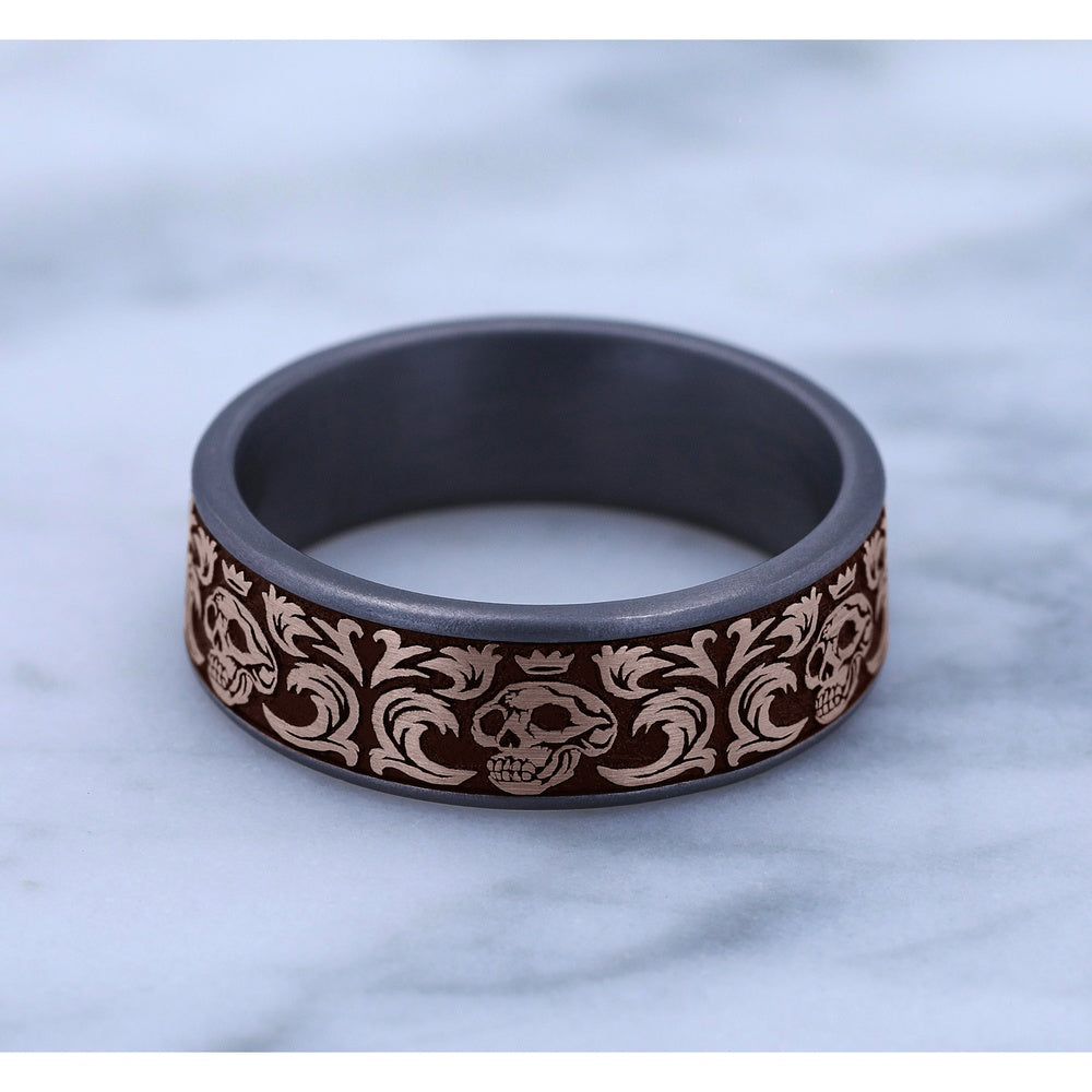 The Skull King Men's Wedding Band in Grey Tantalum and 14K Rose Gold - 7.5mm Width by Ammara Stone